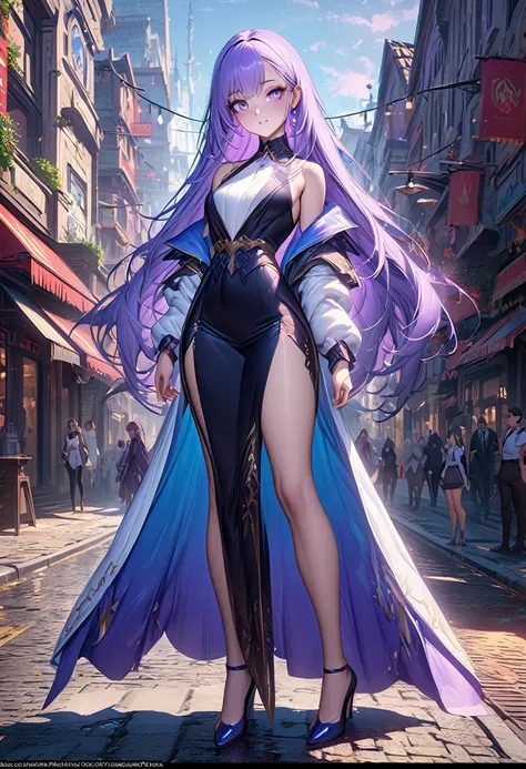 Anime girl with long hair and blue eyes standing on the city street, Popular trends on ArtStation Pixiv, Purple Eyes, Blue tie, Fair (Exquisite eyes, Delicate face,) Aheiyan, Yuradev, Noble temperament, High heel, No watermark