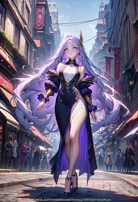 Anime girl with long hair and blue eyes standing on the city street, Popular trends on ArtStation Pixiv, Purple Eyes, Blue tie, Fair (Exquisite eyes, Delicate face,) Aheiyan, Yuradev, Noble temperament, High heel, No watermark