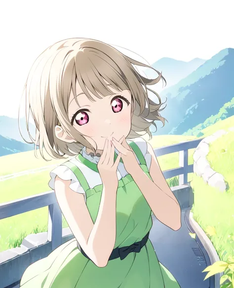 ((style:Colored pencil))Kasumi Nakasu, lovelive, Tan Hair, Bobcut, short hair, ワンレングスBobcut, Asymmetrical hair, smile, Cut your hair short, Mountain, Green Dress, Sleeveless, flare lens, single, 1 Female, whole body, from the front, Hands over mouth, From ...