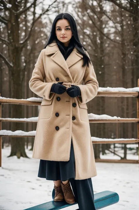 portrait photograph of a gorgeous Nordic girl with long straight black hair, symmetrical face, deep set eyes, slightly upturned nose, 
cute natural makeup, wearing elegant warm winter fashion clothing ((standing on a seesaw)), stunning modern urban environ...