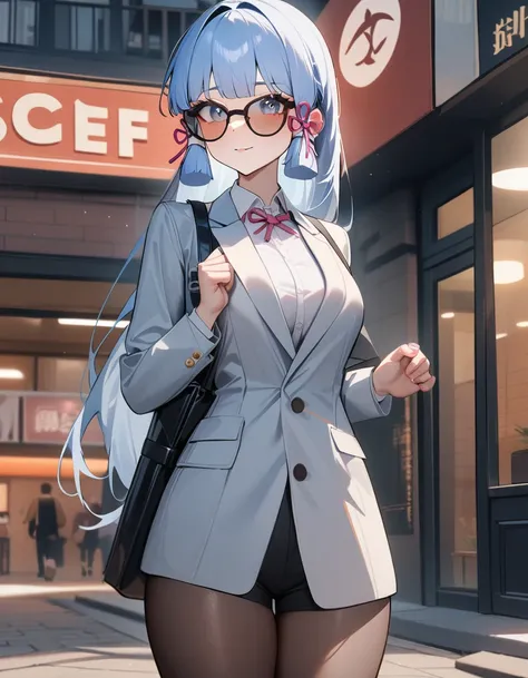 1girl, kamisato ayaka, genshin impact,Secret agent,peefecf sun glasses, suit,cool,city street,masterpiece,very aesthetic,newest,sensitive