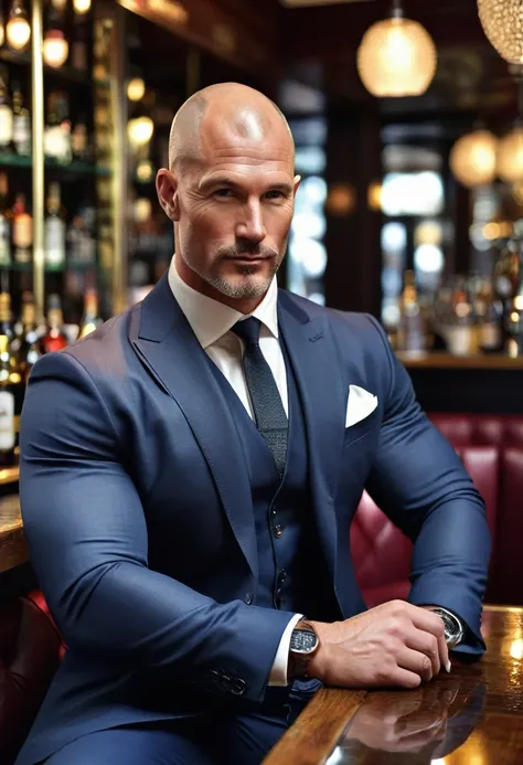 iphone pro 14, extremely beautiful model, 40 years old sexy muscular man, scandinave, shaved head, realistic, seins gaies, clivage, haut court, soutiens gorges, full figure, nice 3 pieces suit, drinking in a posh bar in London