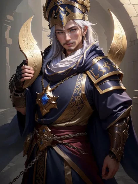 a close up of a man in a costume holding a chain, smirking male bard, picture of a male cleric, rogue bard, inspired by Fan Kuan, inspired by Li Kan, an epic majestical degen trader, inspired by Huang Ding, arsen lupin as a paladin, inspired by Cao Zhibai,...