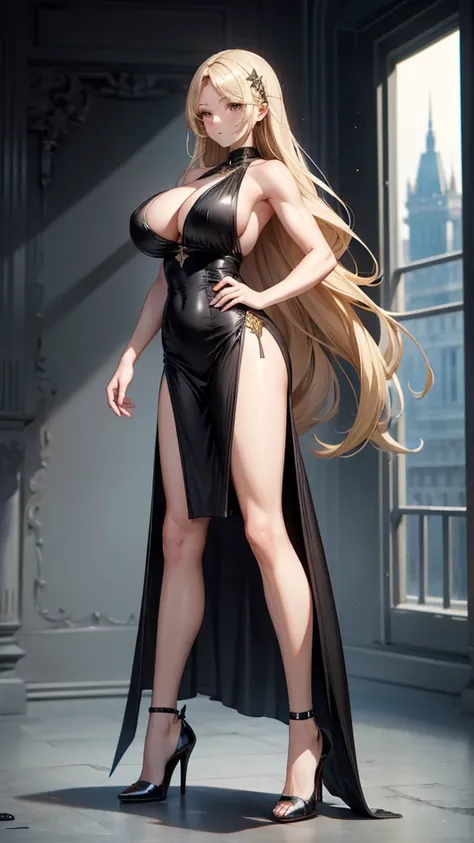 Adult woman with long blond hair and huge breasts，hairpin，Black evening dress，Bare arms，Abdominal muscles，muscle，Bare Legs，black stockings，high heels，Standing，palace wave windows