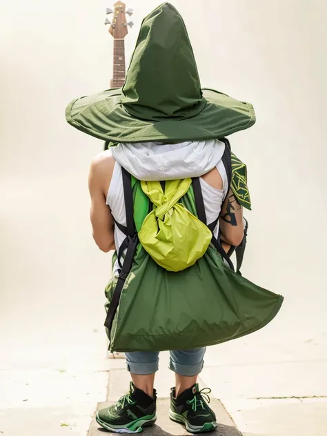 Green triangular hat, guitar and backpack on back, green clothes yellow-green scarf, cool adult man, looking at me, face visible.