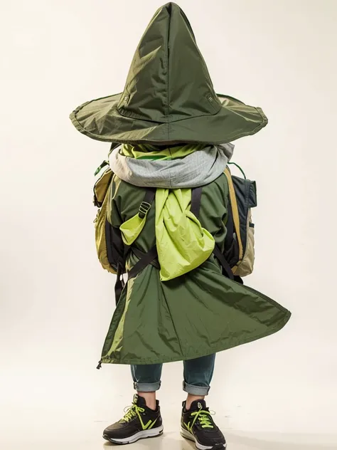 Green triangular hat, guitar and backpack on back, green clothes yellow-green scarf, cool adult man, looking at me, face visible.