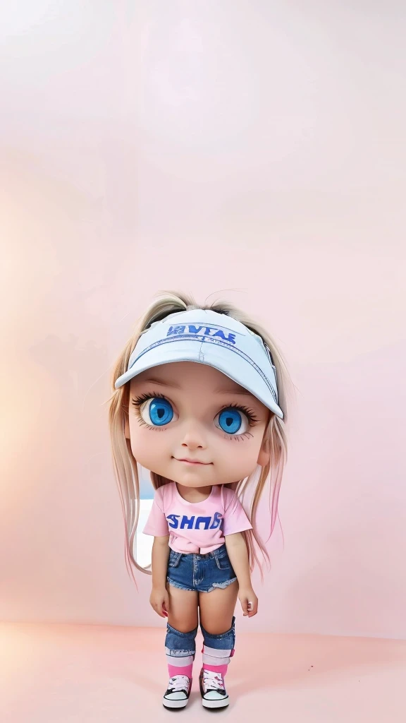 Make her a realistic real life look alike photo. Cute Standing Kid who is around 8 years old, having big blue eye but white long hair, with pink tshirt (pretty is written on her tshirt) and she is wearing shorts jeans which is only above knee and black sho...