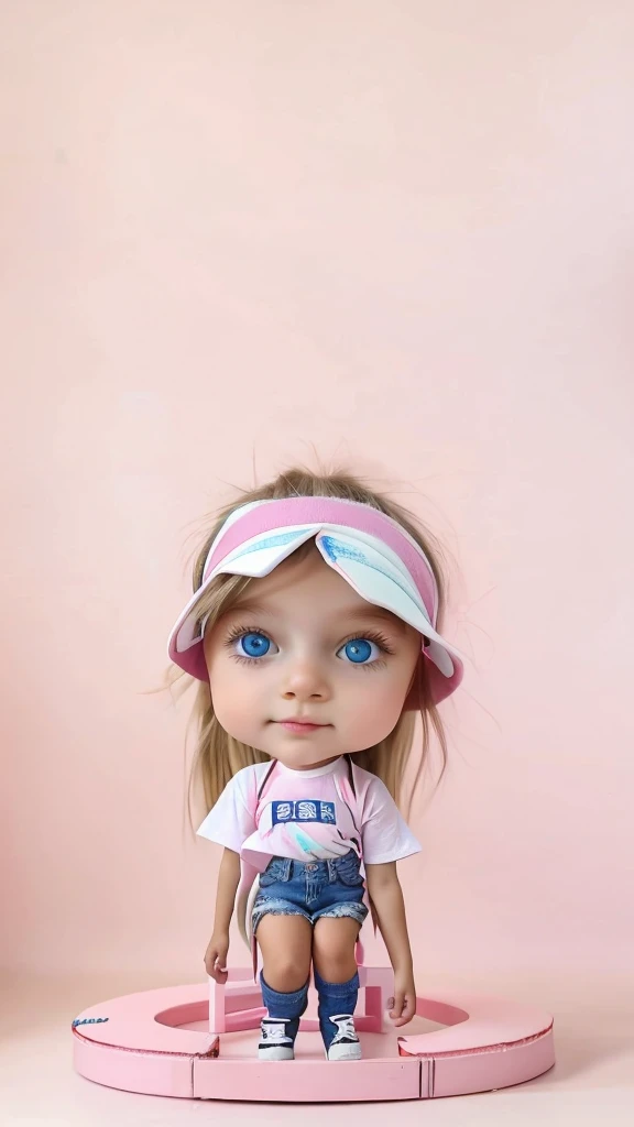 Make her a realistic real life look alike photo. Cute Standing Kid who is around 8 years old, having big blue eye but white long hair, with pink tshirt (pretty is written on her tshirt) and she is wearing shorts jeans which is only above knee and black sho...