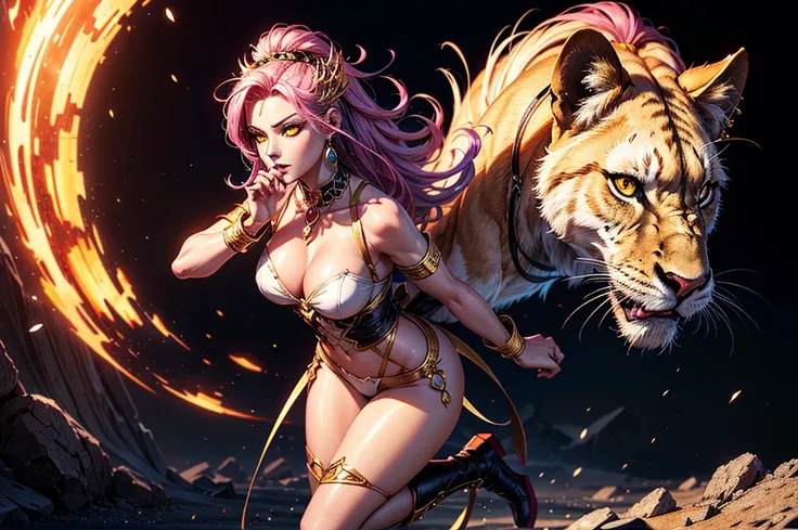 There is lost coliseum there stand female lioness in battle stance, she have ebony colour skin beautiful yellow eyes dark gold eyeshadows make up, ring style earrings, her hair is purple with pink highlights . she dressed in white neather topic with golden...