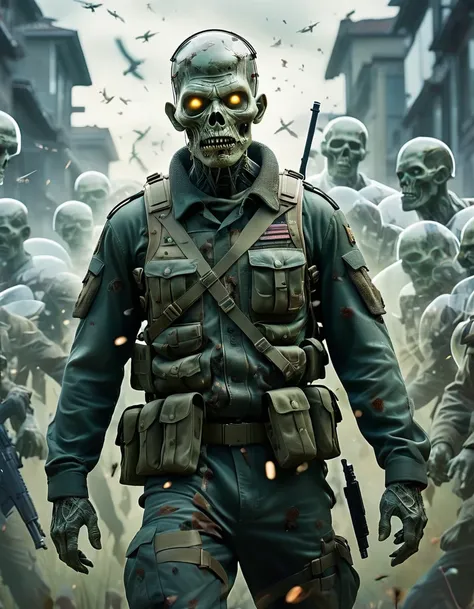 double exposure of a massive war filed and a transparent zombie soldier superimposed seamlessly, dream-like, ethereal.