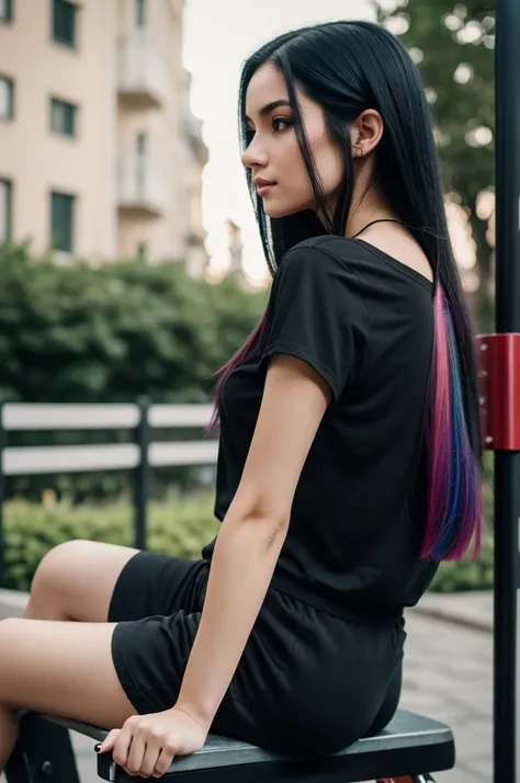 portrait photograph of a gorgeous girl with italic trait and pale skin seen from side profile with long straight black hair, symmetrical face, deep set eyes, slightly upturned nose, 
cute natural makeup, wearing a top t shirt and black shorts((sitting on a...