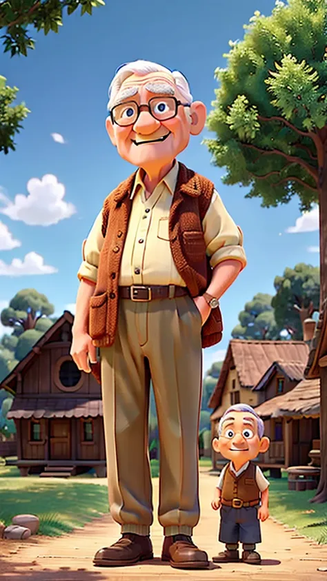 An old man giving a wooden box to a young boy in a village scene surrounded by trees and houses realistic Disney Pixar cartoon 3D 8k HD