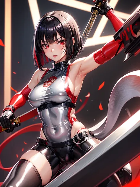 solo girl,Glossy metalic light silver tank top, tight latex shiny, Red interpolation color,Black hair bob,red eyes, camel toe, Samurai Sword,
Lift one leg, sexy lady, โชว์กางเกงใน girl,