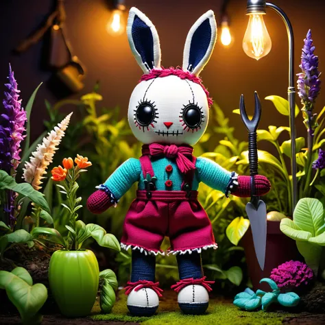 (knitted toy voodoo doll:1.8), (Voodoo Rabbit Gardening:1.3), (Clothing: gardening outfit with magical plant patterns:1.0), (Accessories: enchanted gardening tools, glowing watering can, mystical garden gnome:1.2), (background: garden with floating, glowin...