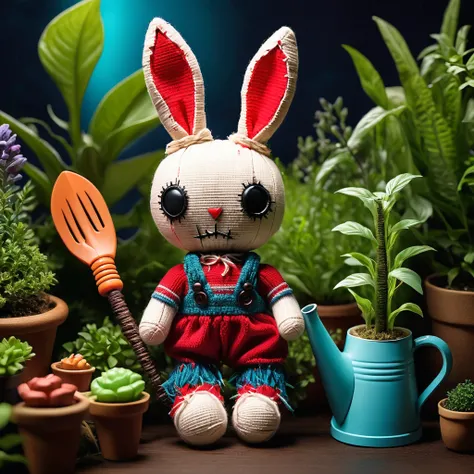 (knitted toy voodoo doll:1.8), (Voodoo Rabbit Gardening:1.3), (Clothing: gardening outfit with magical plant patterns:1.0), (Accessories: enchanted gardening tools, glowing watering can, mystical garden gnome:1.2), (background: garden with floating, glowin...