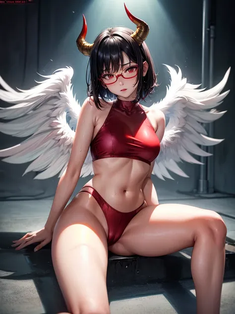 Beautiful girl,Korea, sitting among red light neon,
 18 years old,Short hair, shoulder length,black hair, medium breasts,wet, sweat, camel toe, red lips ,Wear glasses,
White underwear, sexy pose,
 red eyes, spread your legs, กางเกงใน girl, baby face,
Two h...