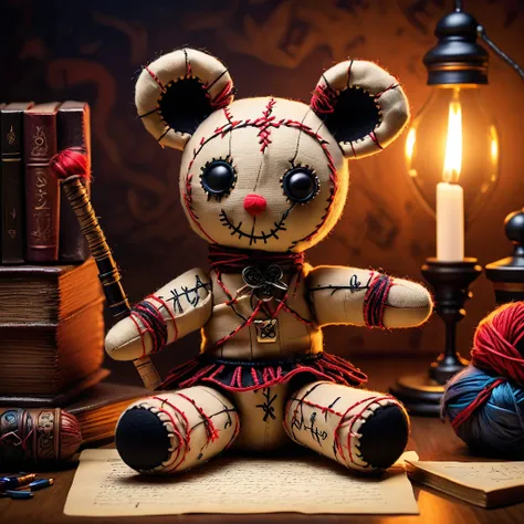 (knitted toy voodoo doll:1.8), (Voodoo Mouse Writing Letter:1.3), (Clothing: cozy writing outfit with magical pen patterns:1.0), (Accessories: enchanted quill, glowing ink pot, mystical parchment:1.2), (background: study room with floating, glowing letters...