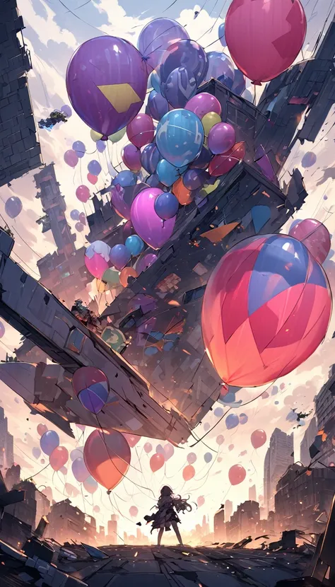 In a war-torn futuristic city, a person covered in remnants of a burst giant futuristic balloon, looking disheveled and comical,The background is a game world in the middle of a battle, a futuristic city is about to be destroyed.