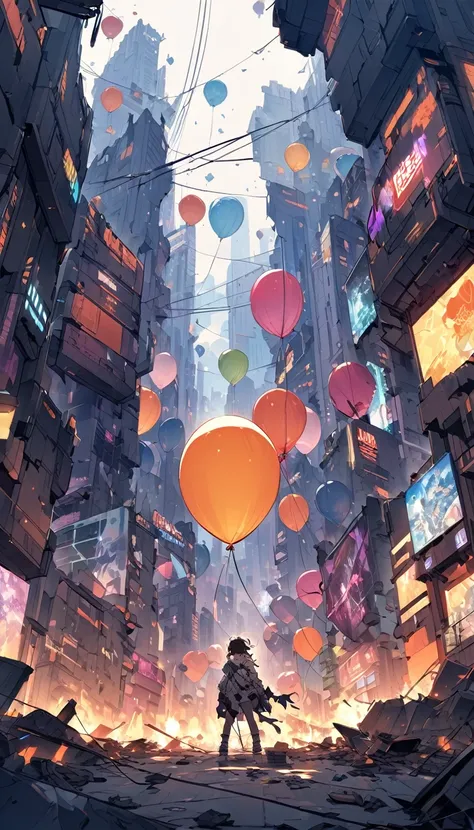 In a war-torn futuristic city, a person covered in remnants of a burst giant futuristic balloon, looking disheveled and comical,The background is a game world in the middle of a battle, a futuristic city is about to be destroyed.