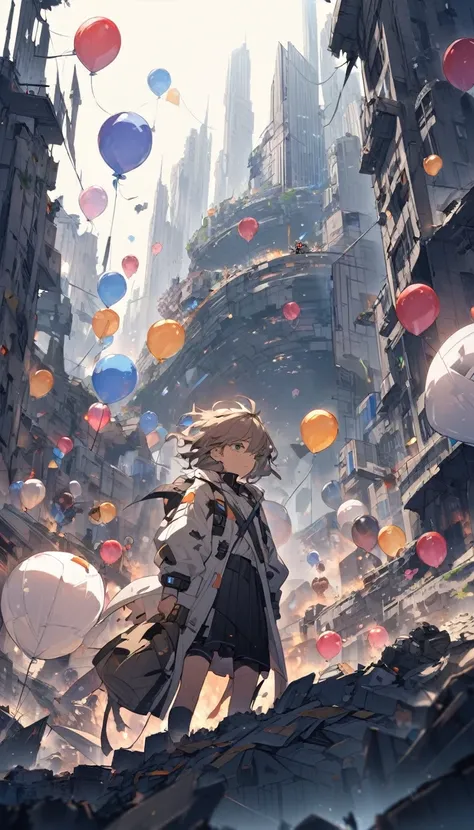 In a war-torn futuristic city, a person covered in remnants of a burst giant futuristic balloon, looking disheveled and comical,The background is a game world in the middle of a battle, a futuristic city is about to be destroyed.