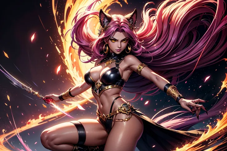 There is lost coliseum there stand female lioness in battle stance, she have ebony colour skin beautiful yellow eyes dark gold eyeshadows make up, ring style earrings, her hair is purple with pink highlights . she dressed in white neather topic with golden...