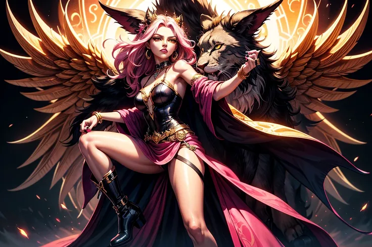 There is lost coliseum there stand female lioness in battle stance, she have ebony colour skin beautiful yellow eyes dark gold eyeshadows make up, ring style earrings, her hair is purple with pink highlights . she dressed in white neather topic with golden...