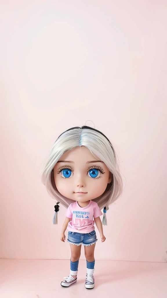 Make her a realistic real life look alike photo. Cute Standing Kid who is around 8 years old, having big blue eye but white long hair, with pink tshirt (pretty is written on her tshirt) and she is wearing shorts jeans which is only above knee and black sho...