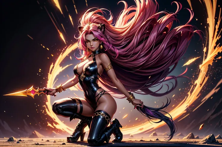 There is lost coliseum there stand female lioness in battle stance, she have ebony colour skin beautiful yellow eyes dark gold eyeshadows make up, ring style earrings, her hair is purple with pink highlights . she dressed in white neather topic with golden...