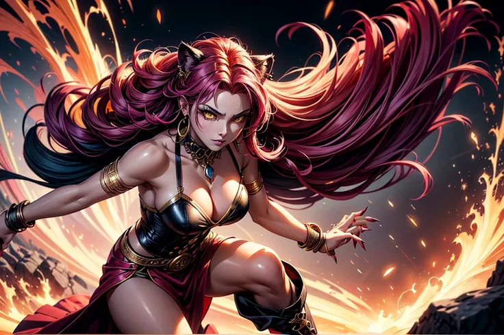 There is lost coliseum there stand female lioness in battle stance, she have ebony colour skin beautiful yellow eyes dark gold eyeshadows make up, ring style earrings, her hair is purple with pink highlights . she dressed in white neather topic with golden...