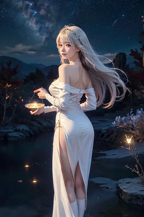 (masterpiece:1.5, Highest quality, Very detailed、 Dutch Angle、Semi-realistic、Fantasy)(One Girl, alone)(White and beautiful hair:1.4,,Straight Long Hair)(White based dress、Fantasy Costume)、((Off the shoulder、Mid-chest、ruby ​​necklace))(from back side,The bu...