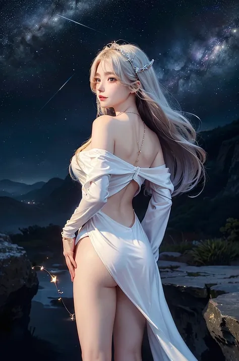 (masterpiece:1.5, Highest quality, Very detailed、 Dutch Angle、Semi-realistic、Fantasy)(One Girl, alone)(White and beautiful hair:1.4,,Straight Long Hair)(White based dress、Fantasy Costume)、((Off the shoulder、Mid-chest、ruby ​​necklace))(from back side,The bu...