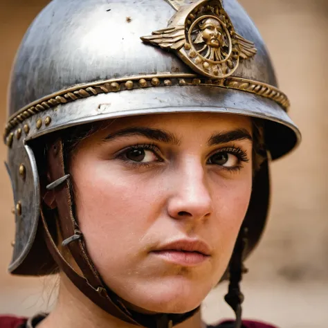 An extreme close up of a young woman wearing steel helmet from the roman empire era