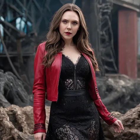 extremely detailed photo of a woman, loraelizabeth, scarlet witch, avengers, wearing black lace dress, open red leather jacket, 8k uhd, RAW photography, model photoshoot