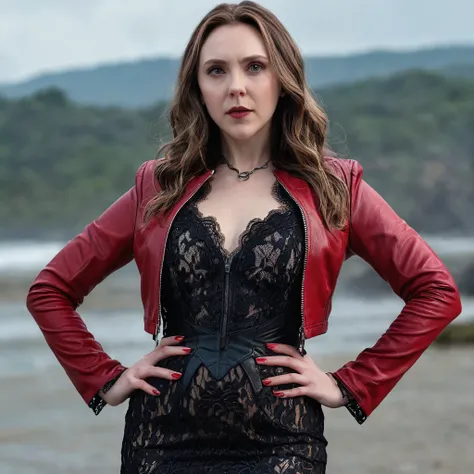 extremely detailed photo of a woman, loraelizabeth, scarlet witch, avengers, wearing black lace dress, open red leather jacket, 8k uhd, RAW photography, model photoshoot