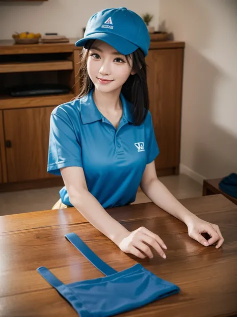 A 30-year-old Chinese female carpenter is making a table out of wood. He is wearing a blue work uniform and a blue hat. The JSP logo is written on hats and clothes. A smiling expression. The furniture material used to make the table should be natural light...