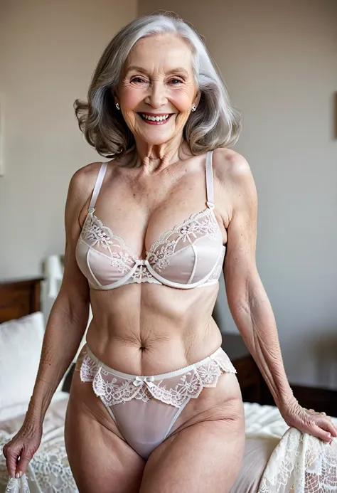 an american woman, 79 years old, white skin, smooth skin, wearing lingerie, smiling