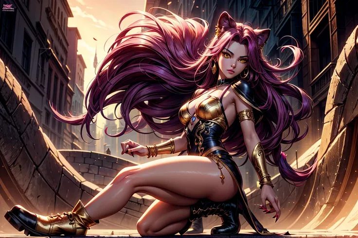 There is lost coliseum there stand female lioness in battle stance, she have ebony colour skin beautiful yellow eyes dark gold eyeshadows make up, ring style earrings, her hair is purple with pink highlights . she dressed in white neather topic with golden...