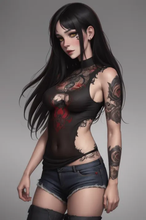 Aesthetic, horror Devil dark painterly style, modern ink, girl sexy Sensual Boruto + Arlequina feiticeira red  blood dark jeans short tshirts cat tattoo, expressive pose, urbanpunk, multi-layered perfect texture background, neo-expressionist, Russ Mills, I...