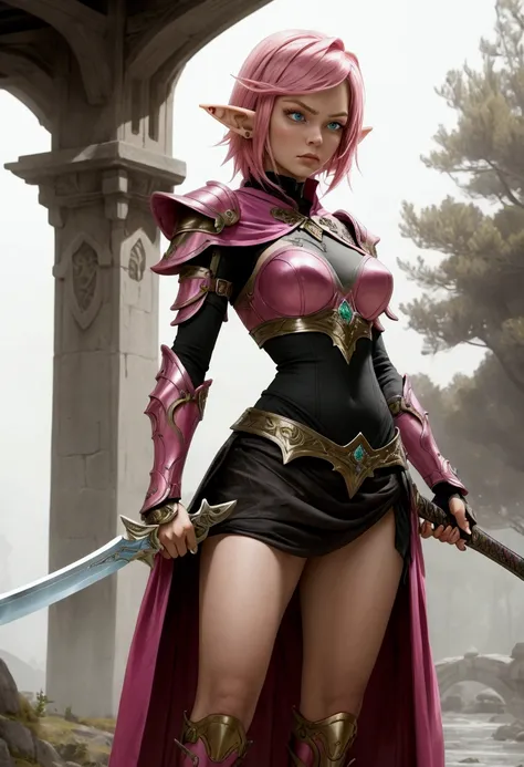 a striking woman with short, vivid pink hair dons elegant elf armor, standing tall on a misty stone bridge. her piercing eyes re...