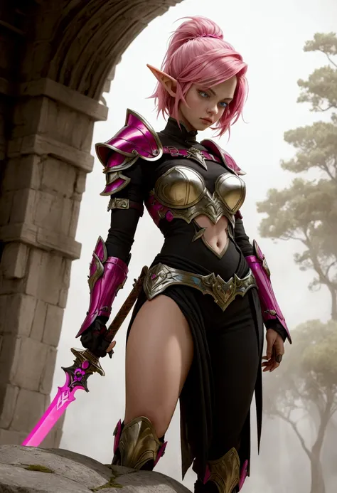 a striking woman with short, vivid pink hair dons elegant elf armor, standing tall on a misty stone bridge. her piercing eyes re...