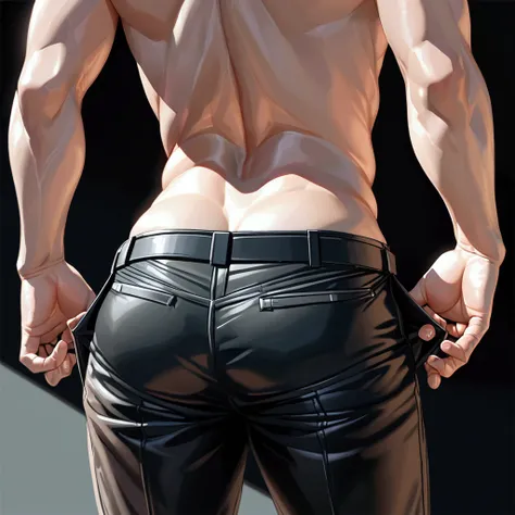 solo, black background, 1 boy, arse, male accent, black trousers, back, arse accent,realistic