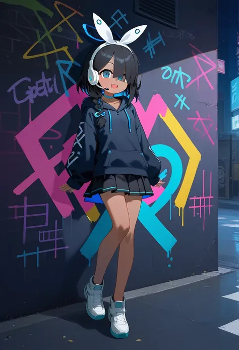 (score_9,score_8_up,score_7_up),1girl,uncensored, source_anime BREAK arona (blue archive), 1girl, :d, dark skin, blue eyes, black hair, blue shirt, braid, choker, hair over one eye, hairband, long sleeves, looking at viewer, open mouth, black hoodie, skirt...