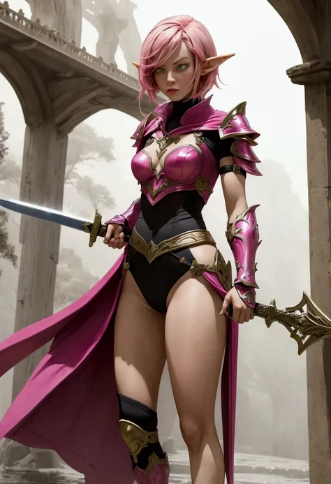 a striking woman with short, vivid pink hair dons elegant elf armor, standing tall on a misty stone bridge. her piercing eyes re...