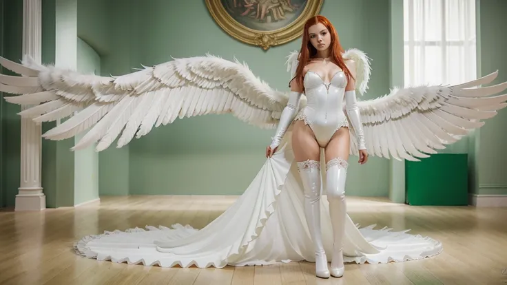 ((masterpiece, best quality, extremely detailed, solo, full body)) angel ,white latex, feathers, wings, red hair, green eyes