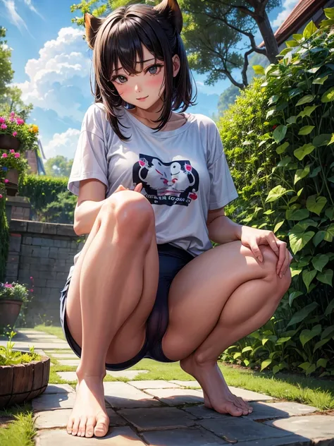 1girl, 20 yo, colorful Underwear, man t-shirt, Squatting, knees together, beautiful garden, กระโปรง เปิด มองเห็นกางเกงใน, กางเกงในสีขาว, กางเกงในรัดรูป, camel toe,