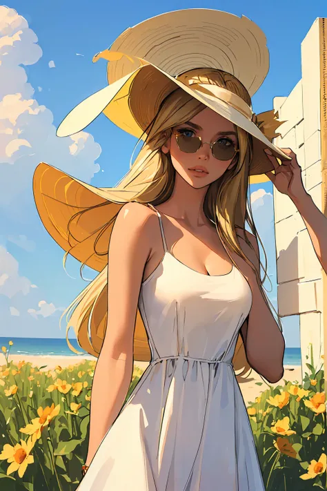 (best quality: 1.2), clean face, (masterpiece: 1.2, 8k) perfect anatomy, 1girl,a beautiful fashion model ,(masterpiece, official art, best quality  shiny hair, blonde hair with streaks in hair, full lips,  big breasts, looking at viewer, (sun dress, sun ha...