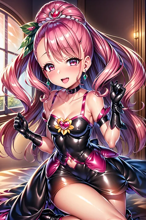 cure grace, 1 girl, pink hair, black hair ornament, (gothic lolita:1.3), black skirt, dark red dress, black tiara, wrist cuffs, black gloves, (black gothic dress:1.3), low bat wings, black fur, blush cheeks, black enamel boots, corruption, half-closed eyes...