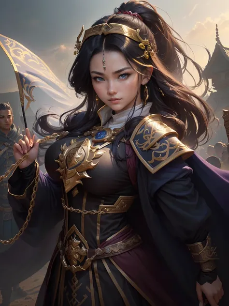 a close up of a woman in a costume holding a chain, smirking male bard, picture of a male cleric, rogue bard, inspired by Fan Kuan, inspired by Li Kan, an epic majestical degen trader, inspired by Huang Ding, arsen lupin as a paladin, inspired by Cao Zhiba...