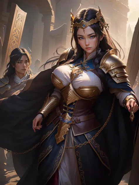 a close up of a woman in a costume holding a chain, smirking male bard, picture of a male cleric, rogue bard, inspired by Fan Kuan, inspired by Li Kan, an epic majestical degen trader, inspired by Huang Ding, arsen lupin as a paladin, inspired by Cao Zhiba...