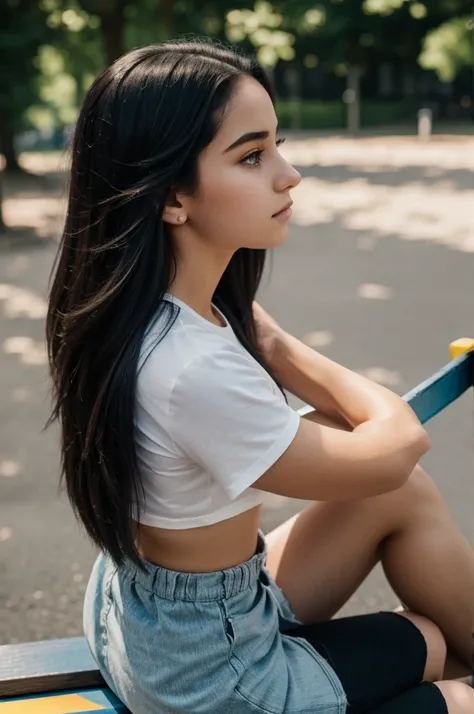 portrait photograph of a gorgeous teenage girl with italian trait and pale skin seen from side profile with head turned away from the camera, seen from the top, with long straight black hair, symmetrical face, deep set eyes, upturned little nose, 
cute nat...